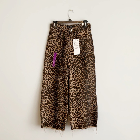Zara Leopard Mid Rise Wide Leg Crop Culotte Jean - Picture 5 of 14